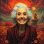 Surreal painting of a happy elderly woman in a dreamlike landscape, warm reds, oranges, yellows, fantastical elements, soft focus