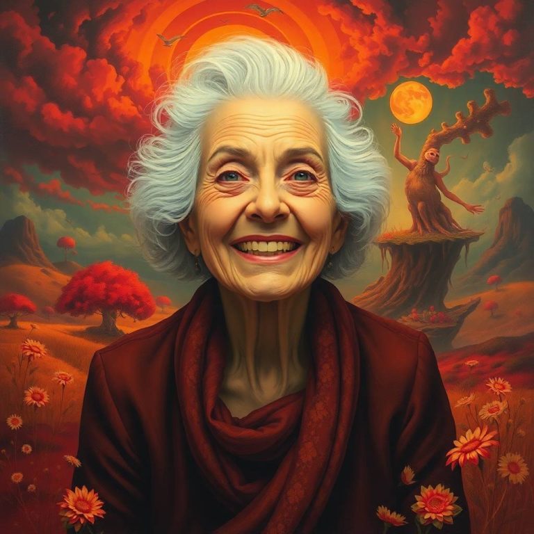 Surreal painting of a happy elderly woman in a dreamlike landscape, warm reds, oranges, yellows, fantastical elements, soft focus